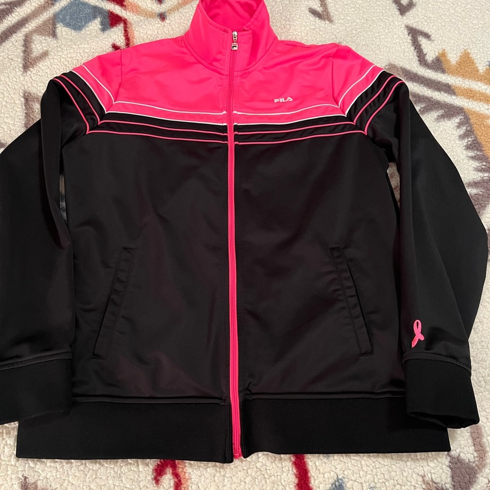 Fila women’s breast cancer awareness track Jacket in Black and Hot Pink